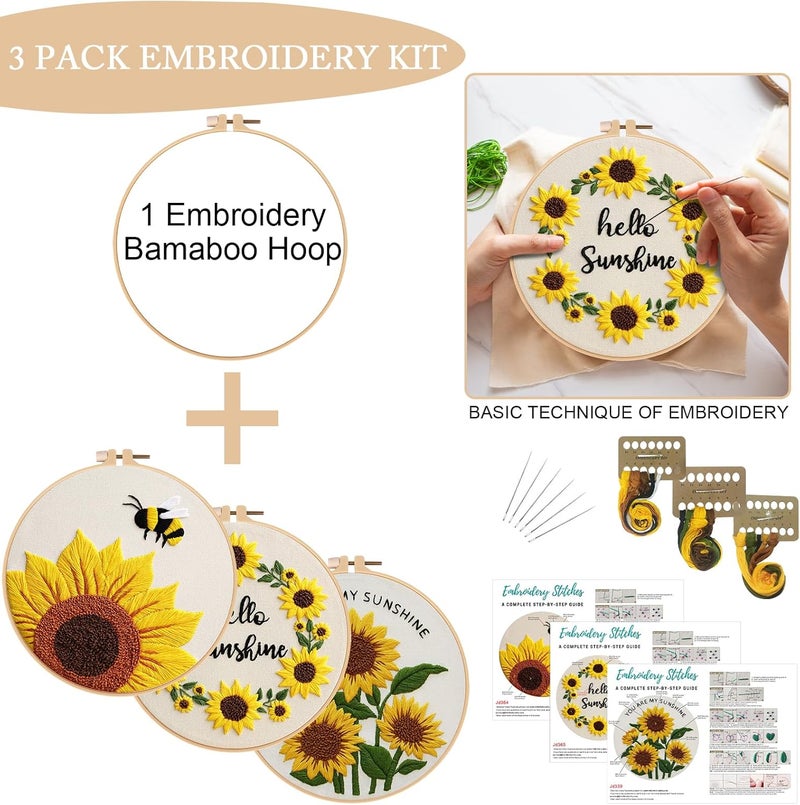 Nuberlic Sunflower Embroidery Kit 3 Pack Embroidery Kits for Adults Beginners Starter Cross Stitch Kit Set with Sunflower Floral Designs - Perfect DIY Gift - Image 3